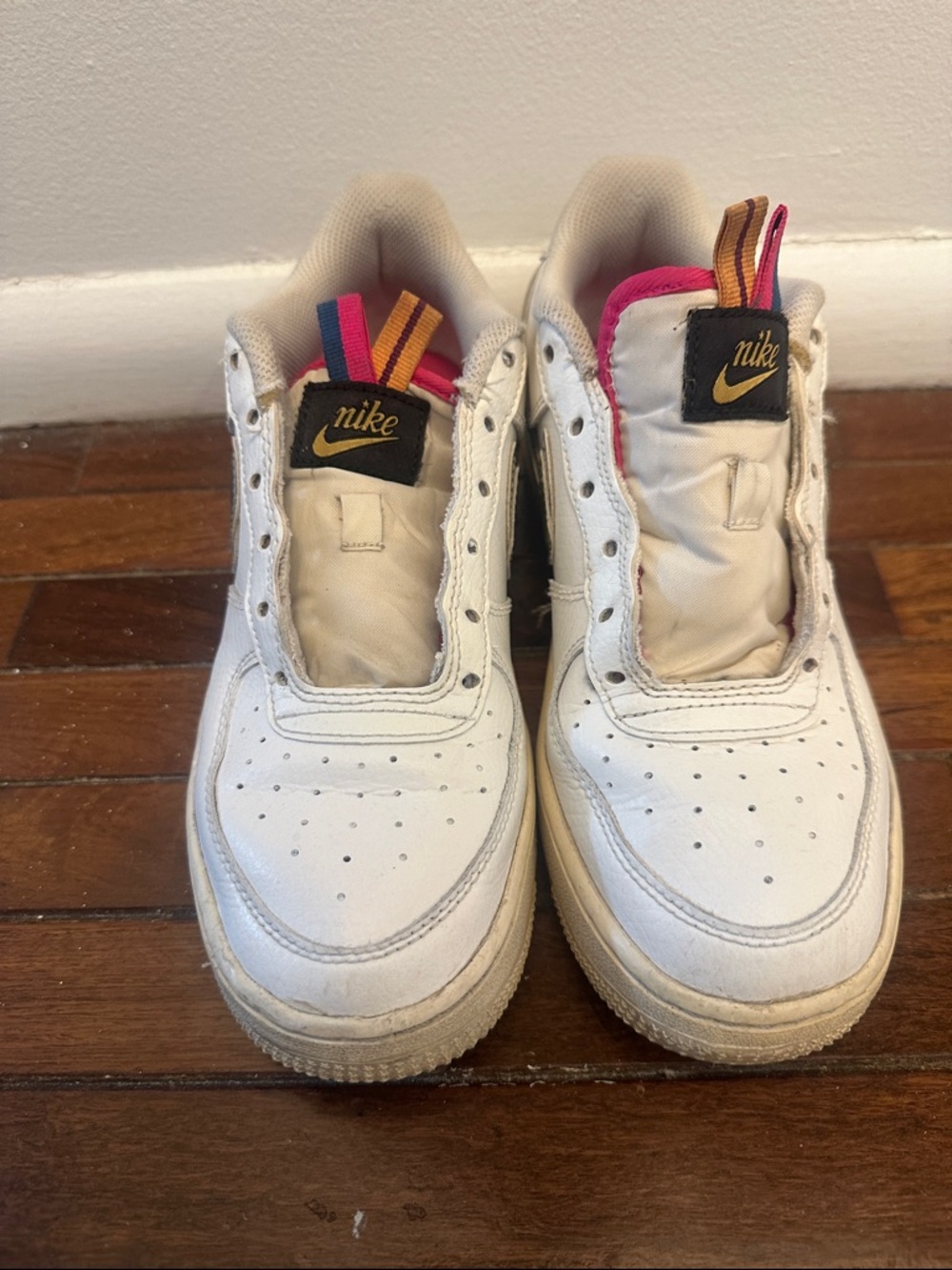Nike White Leather Sneakers with Pink & Yellow Pull Tabs